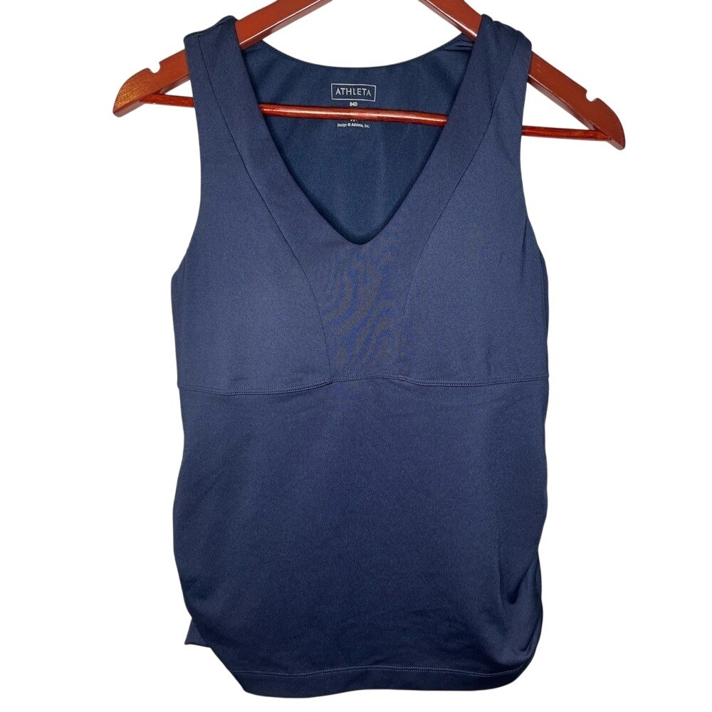 Athleta Navy Blue V-Neck Ruched Tank Top Built-In Underwire Bra 34D‎ 736639